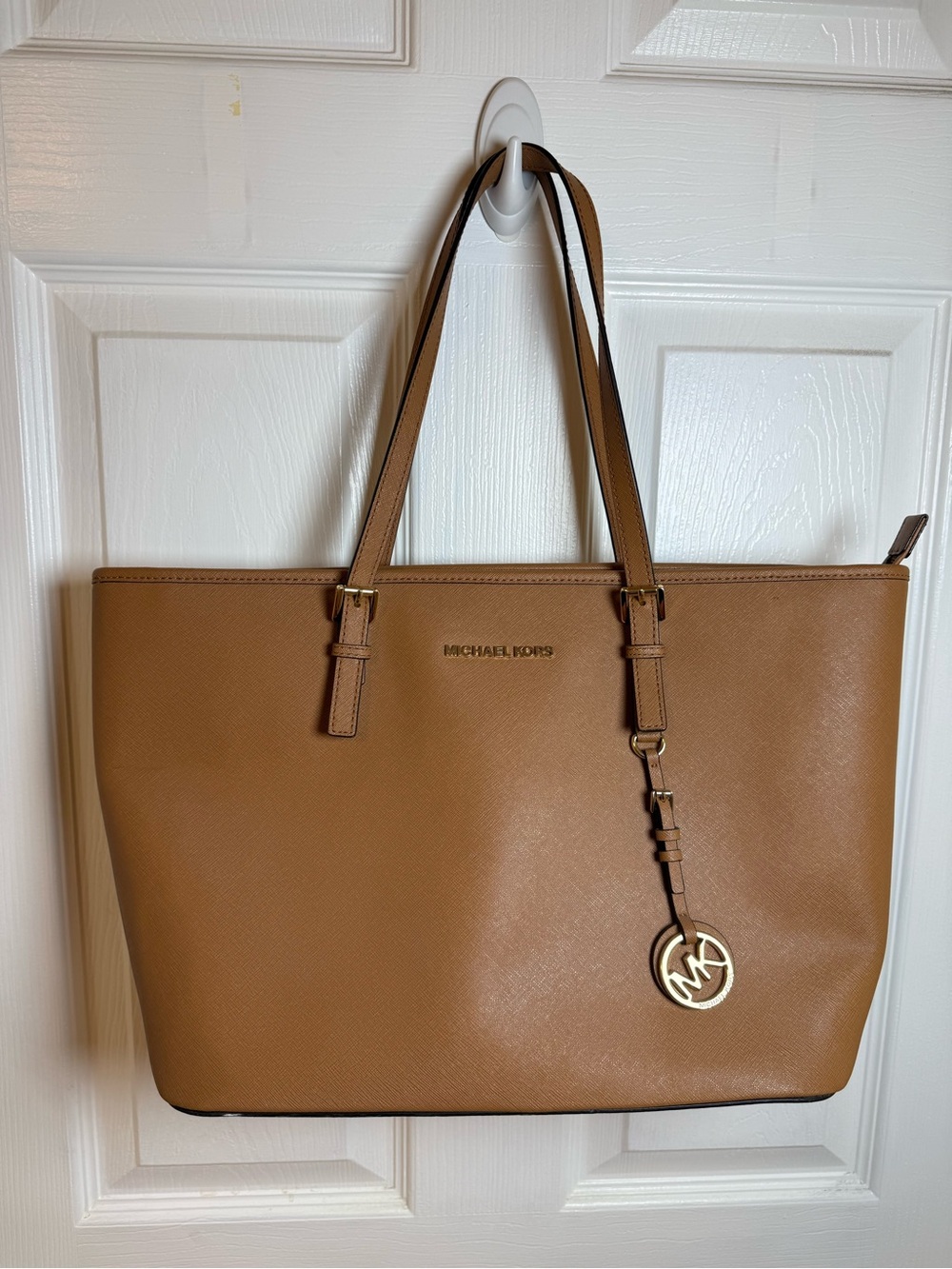 Michael Kors Jet Set Travel Med Leather Tote with Logo Charm
